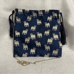 RYTHME KUMIKYOKU Blue Jacquard Drawstring Pouch Bag Pug Dog Puppy Chain Strap